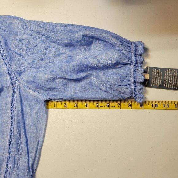 Democracy Bonnet Sleeve Square Crochet Neck Mineral Wash Peplum Woven Top - Picture 10 of 14